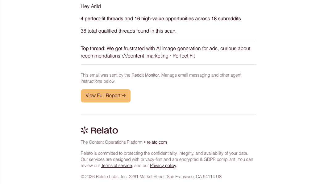Daily Reddit Monitor teaser email showing scored thread summaries
