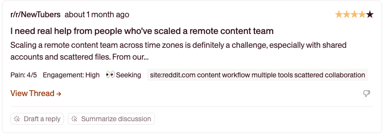 Thread card close-up showing sentiment tags, pain intensity, and opportunity score